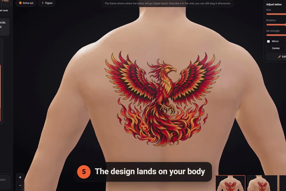 A finished phoenix tattoo design landing on the 3D figure's upper back