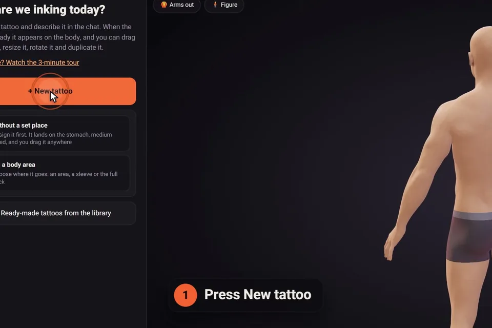 The click2ink studio's welcome screen with the + New tattoo button