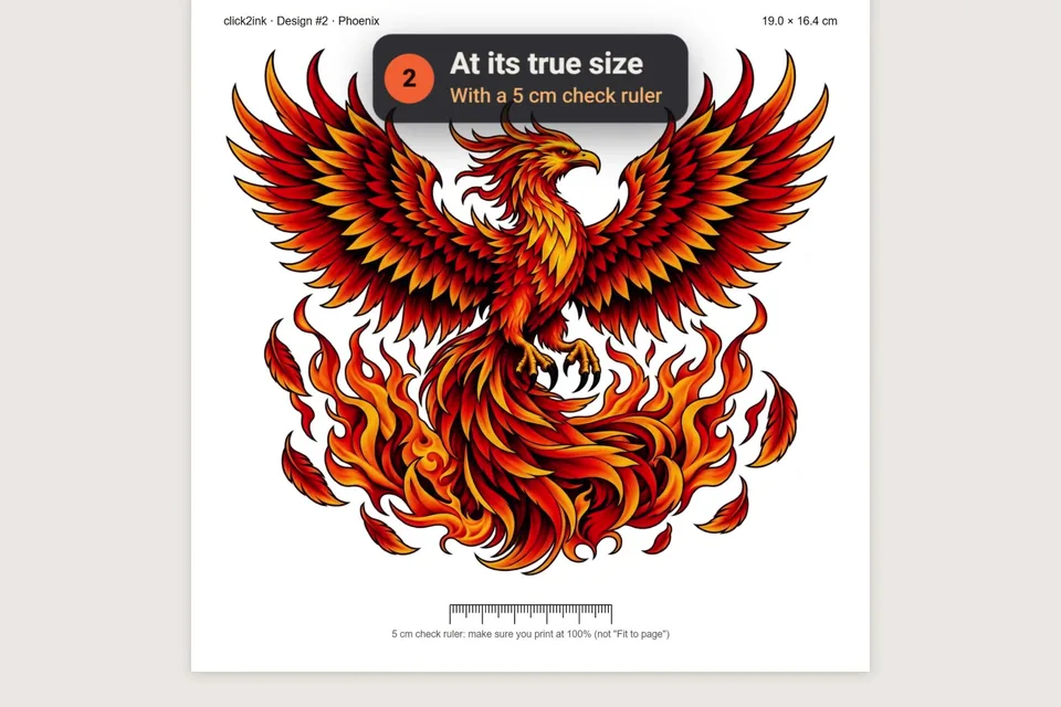 The click2ink print page with a phoenix stencil at its true size and a check ruler
